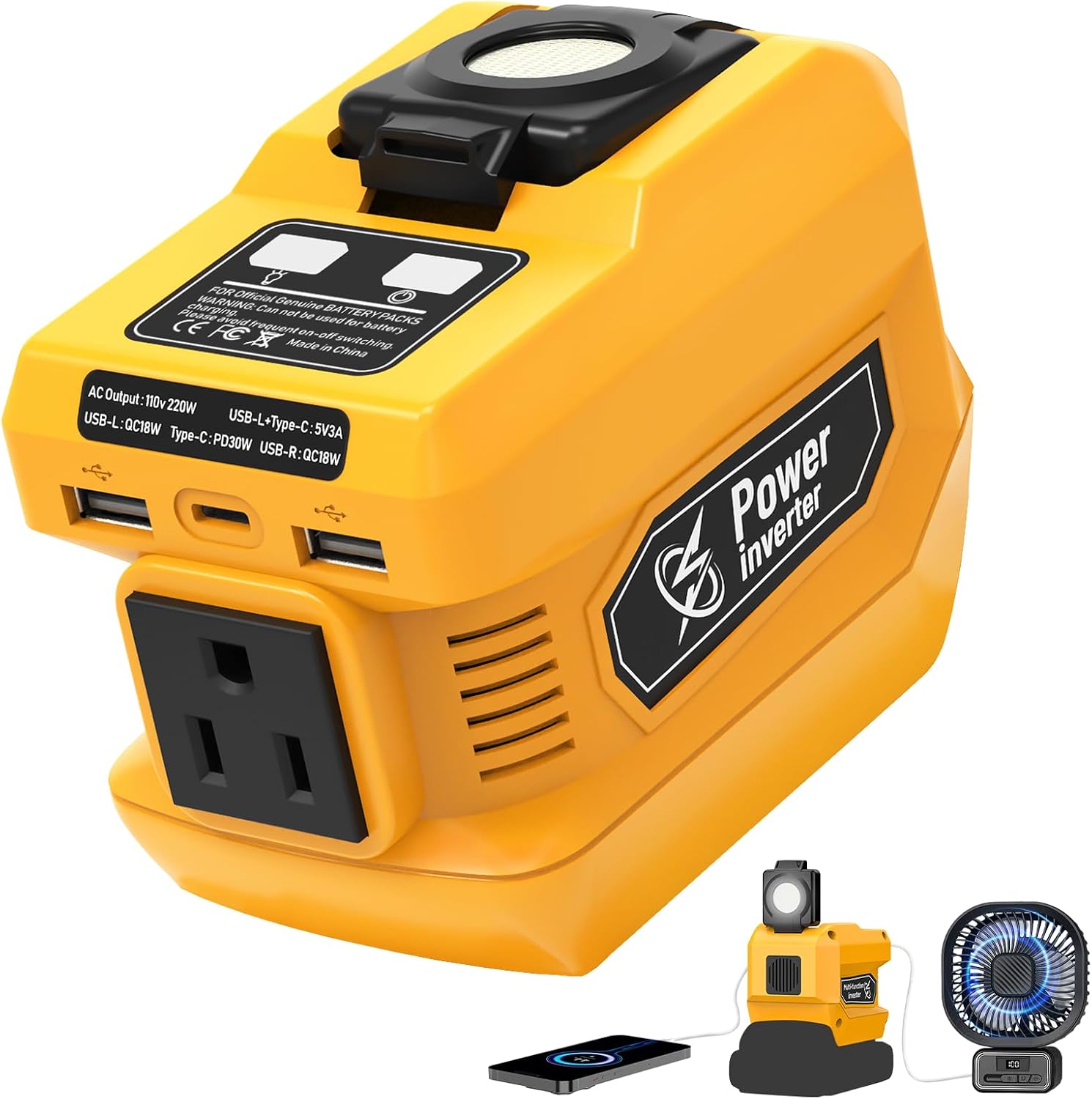 220W Power Inverter Compatible with Dewalt 20V Battery, DC 20V to AC 110V-120V Portable Power Generator, Inverter with 2 USB Ports 1 Type-C 1 AC Outlet, 400 Lumen Light