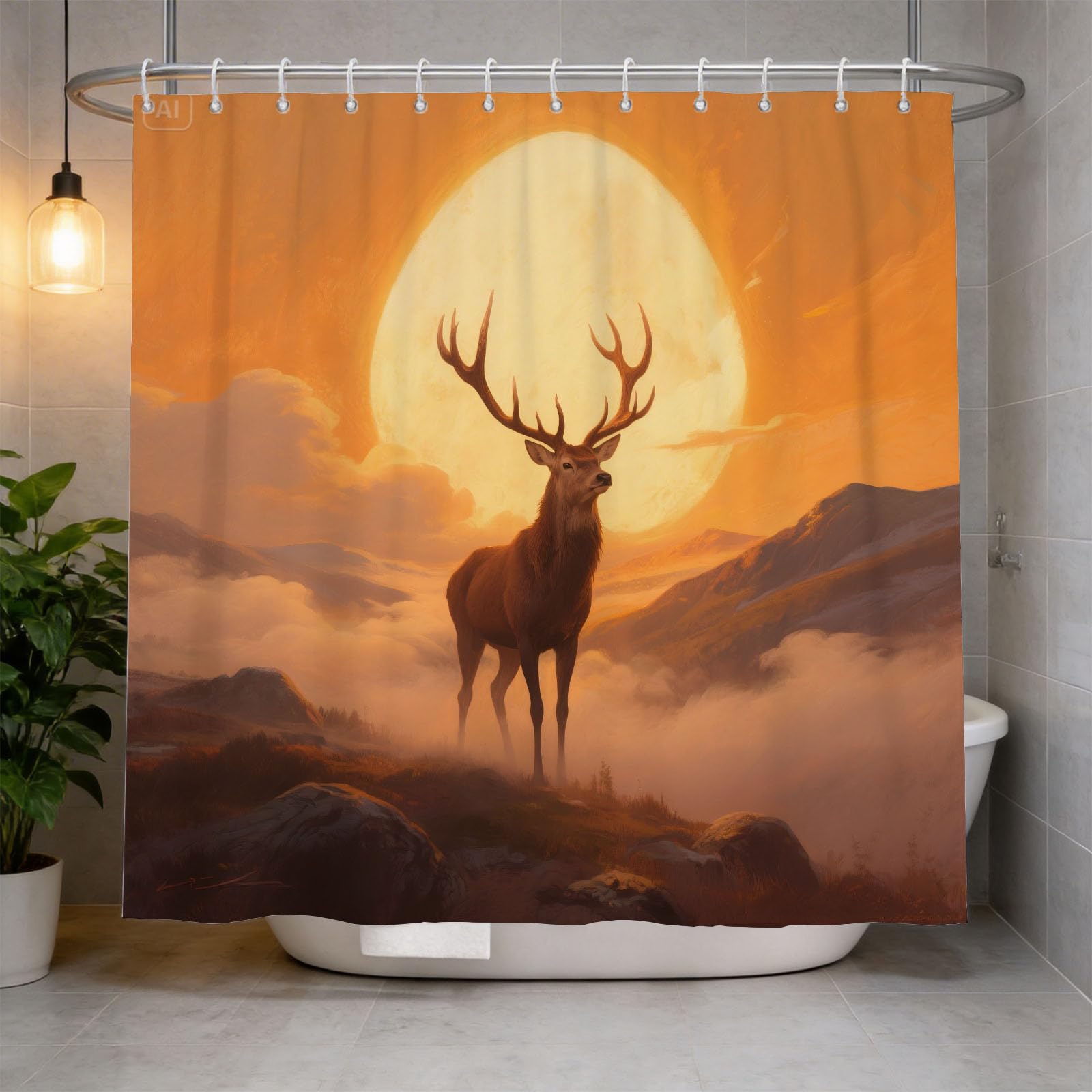 Hongduo White 3D Oil Painting Style Deer Shower Curtain For Stalls Bathtubs Animal Bathroom Decor Shower Curtain Set Polyester Fabric Waterproof 200X200cm/79X79 Inch With Hooks