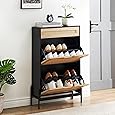 GAOMON Natural Rattan 2 Flip Down with 1 Drawer Free-Standing Shoe Rack, Shoe Cabinet Wood Organizer Freestanding with 3-Tier Adjustable Shelves for Entryway Hallway Doorway, Black