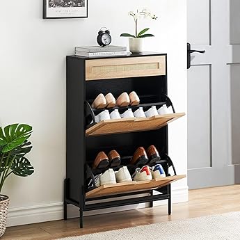 GAOMON Natural Rattan 2 Flip Down with 1 Drawer Free-Standing Shoe Rack, Shoe Cabinet Wood Organizer Freestanding with 3-Tier Adjustable Shelves for Entryway Hallway Doorway, Black