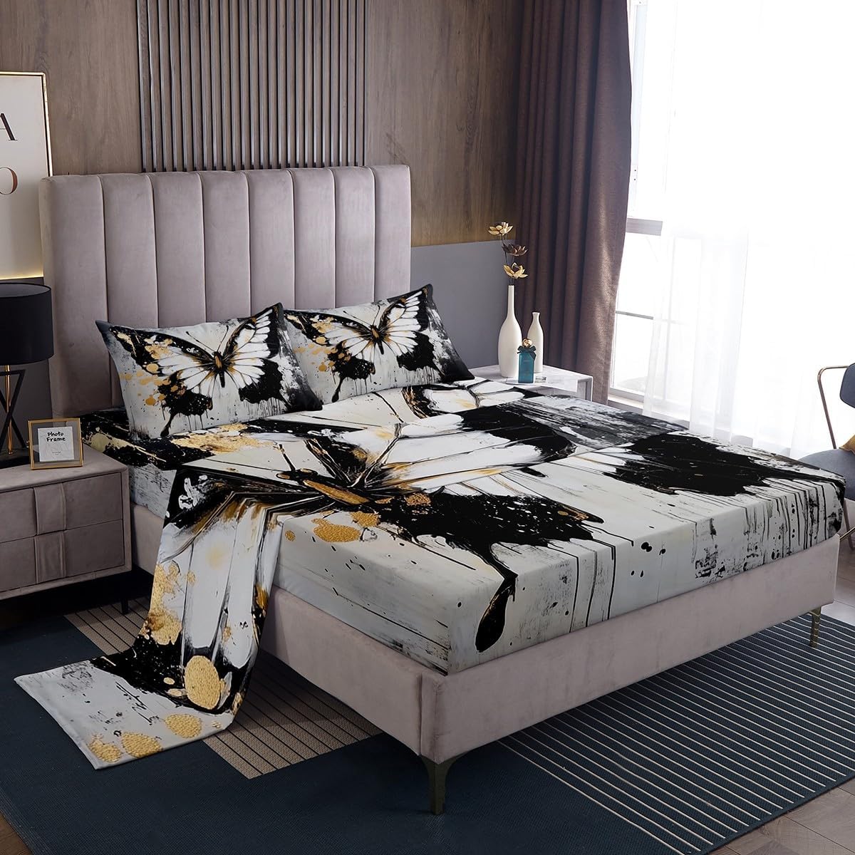 jejeloiu Butterfly Bed Sheets Set Twin Size Kids Oil Painting Fitted Sheet with Deep Pocket for Boys Girls Teens Black White Bedding Set Breathable Animal Bedroom Decor