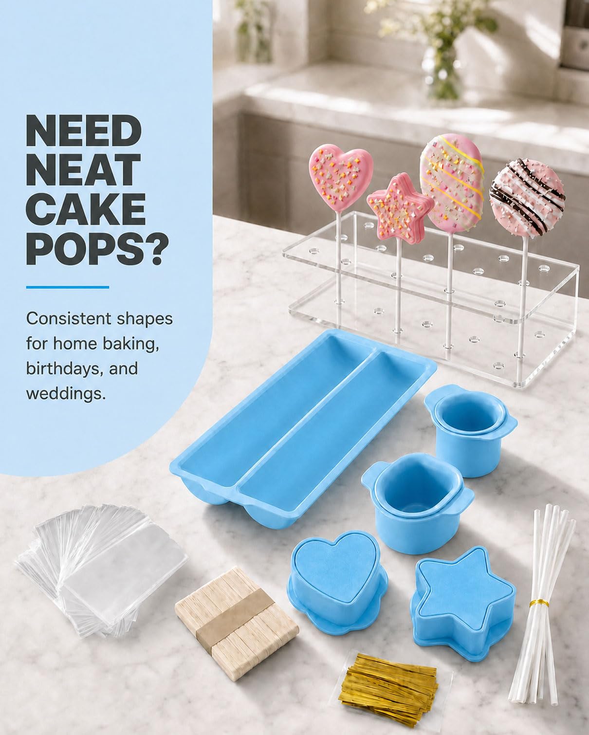 Set di 4 formine per cake pop, forma rotonda ovale a forma di cuore