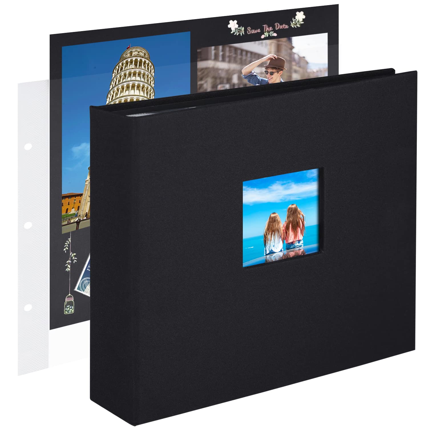 10x10 Inch 3 Ring DIY Scrapbook Photo Album Journal with 30 Plastic Sleeves 60 Pages and Fabric Cover for Baby Travel Wedding Couple Anniversary kids Adventure (Black Cover/Black Pages)