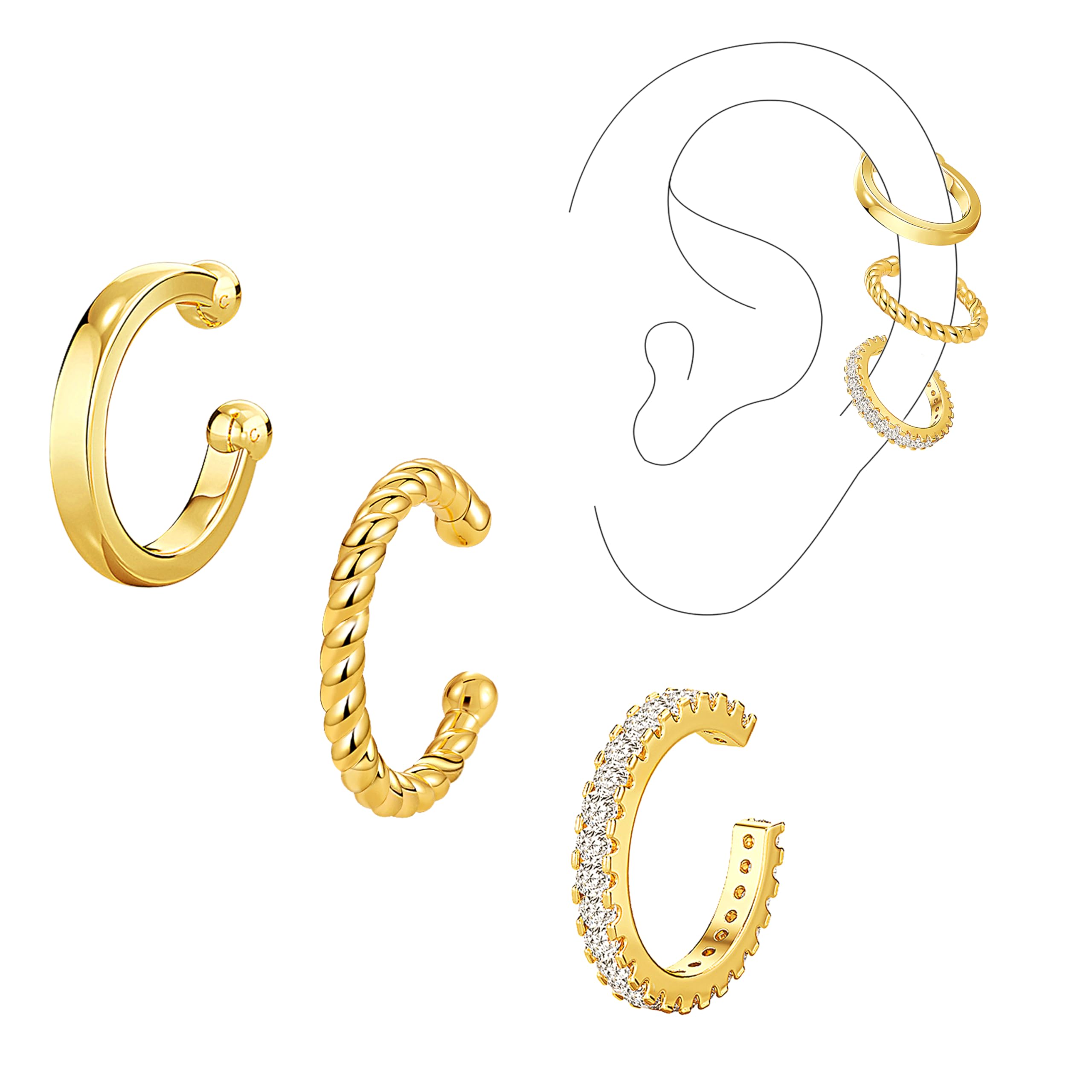 Moodear Thin Chunky Ear Cuffs Non Piercing for Women - Dainty 14K Gold Plated/Sterling Silver Cuff Earrings Trendy Cubic Zirconia Huggie Hoop Cartilage Earring Jewelry Gifts