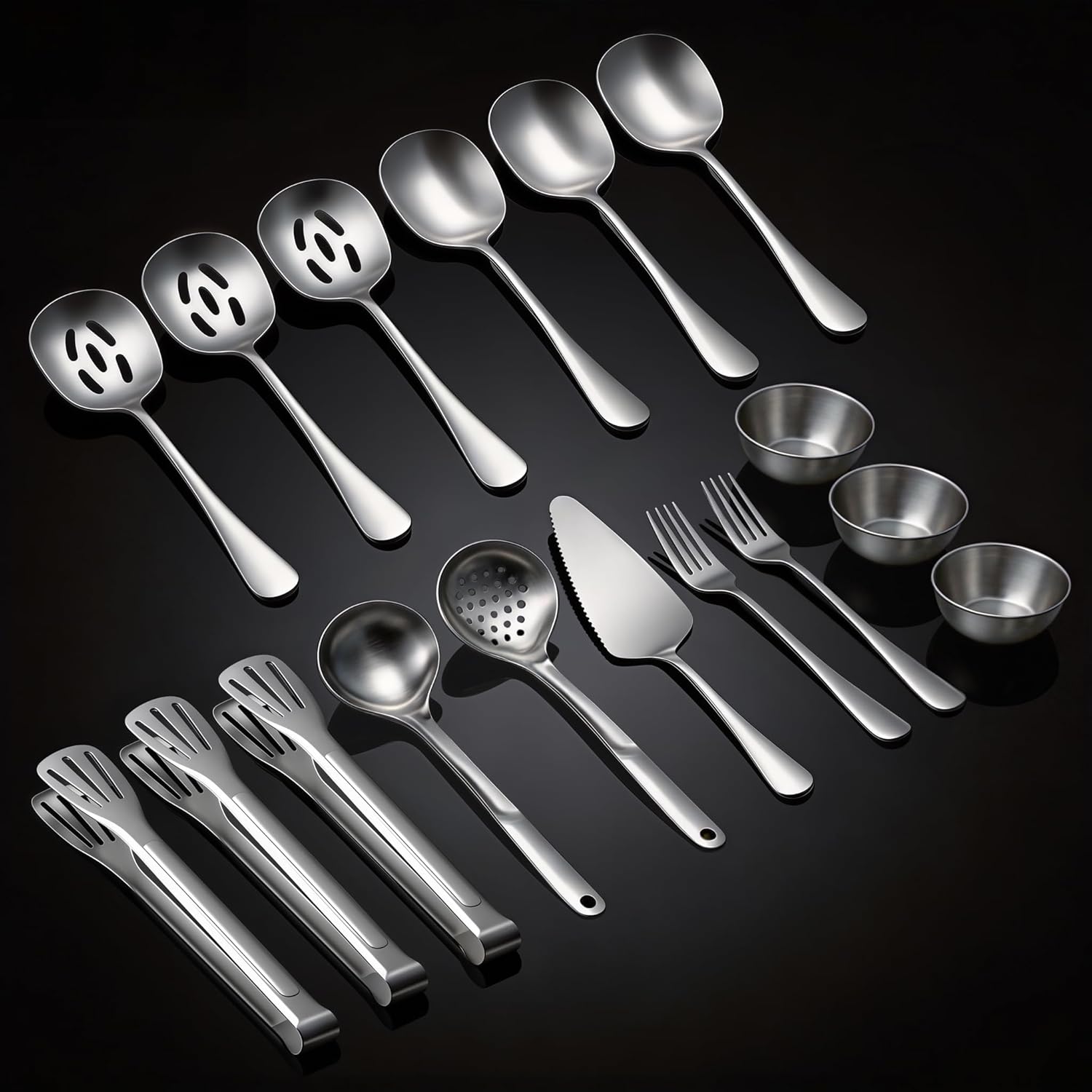 YIBO 17-Piece Stainless Steel Serving Utensils Set - Spoons, Slotted Spoons, Forks, Tongs, Cake Server for Party, Buffet, Catering