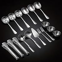YIBO 17-Piece Stainless Steel Serving Utensils Set - Spoons, Slotted Spoons, Forks, Tongs, Cake Server for Party, Buffet, Catering