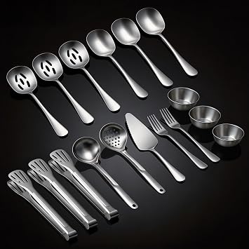 Serving Utensils Set for Partie, Stainless Steel Metal Serveware Flatware Large Serving Spoons, Slotted Spoons, Forks, Tongs, Soup and Skimmer Spoon, Cake Server for Buffet, Party, Catering