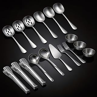 Serving Utensils Set for Partie, Stainless Steel Metal Serveware Flatware Large Serving Spoons, Slotted Spoons, Forks, Tongs, Soup and Skimmer Spoon, Cake Server for Buffet, Party, Catering