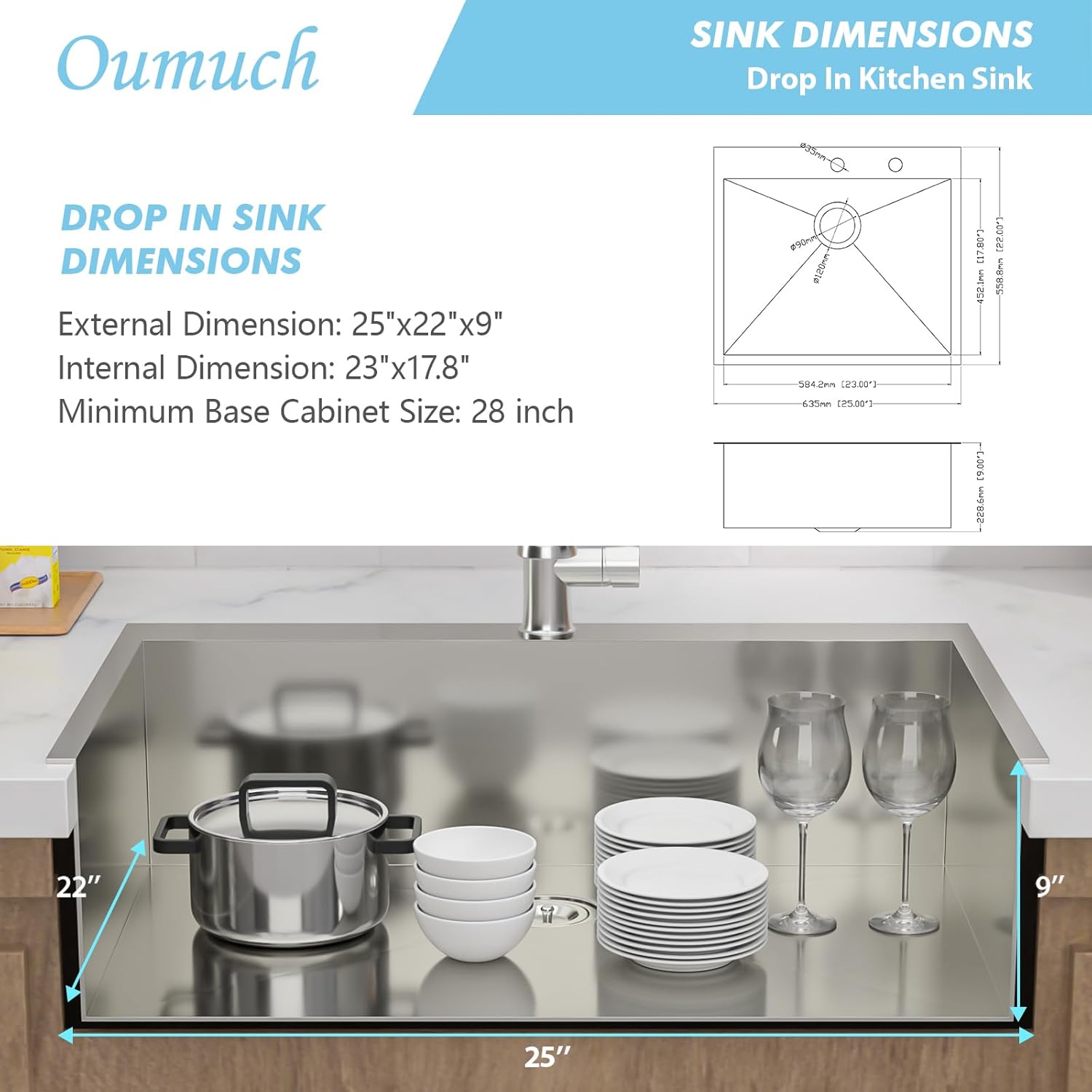25 Inch Drop-In Utility Sink - 18 Gauge 25×22 Stainless Steel Single Bowl, 9-Inch Deep Topmount Sink for Kitchen & Laundry Room