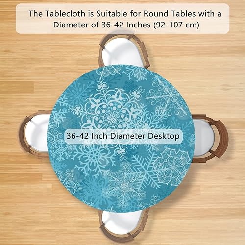 Miniatura 2 de Mantel redondo ajustable con diseño de copo de nieve elástico redondo con diseño de copo de nieve, mantel circular impermeable y lavable, se adapta