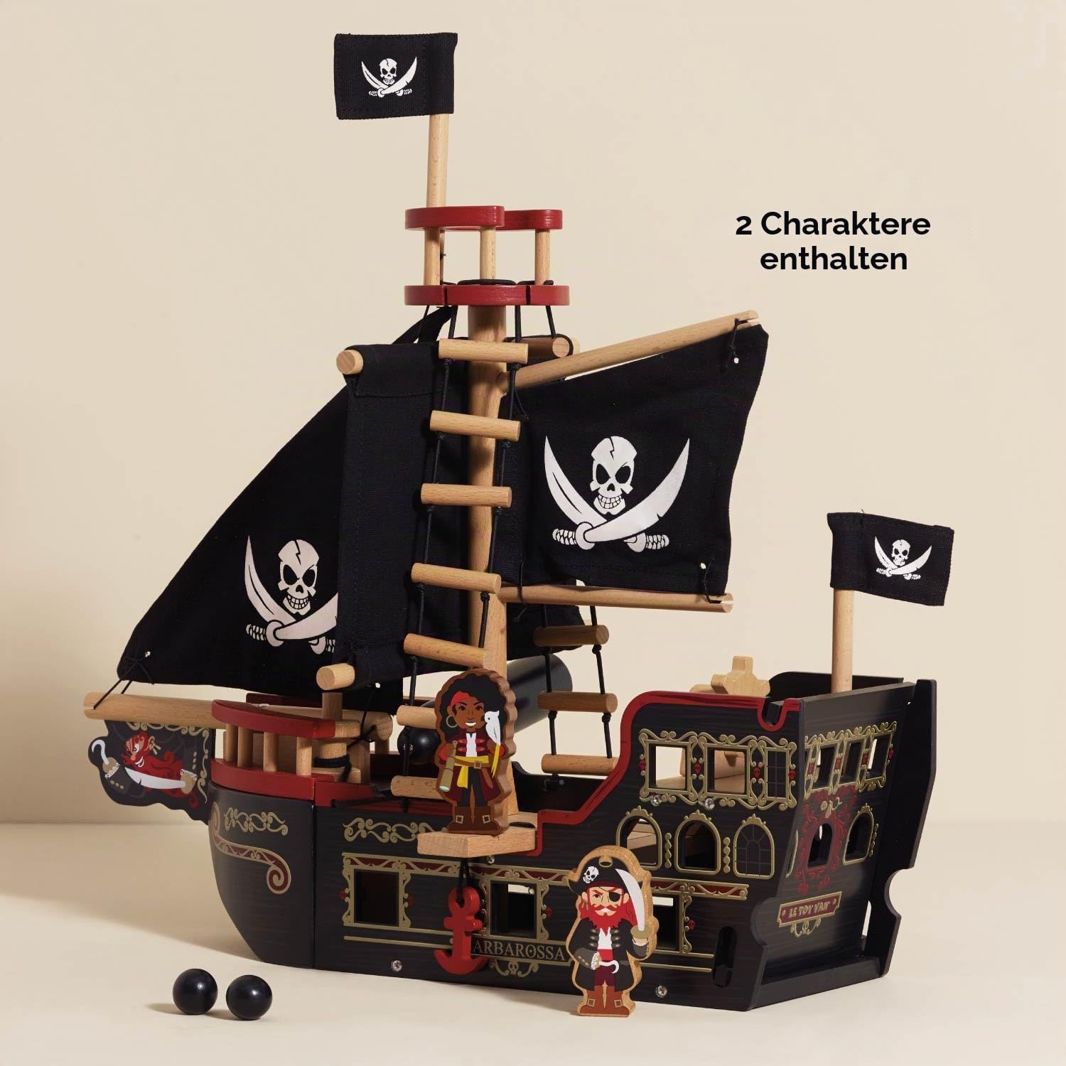 Le Toy Van – Pädagogisches Pirates Collection Piratenschiff „Barbarossa“ aus Holz, mit Kanone, Kanonenkugeln, Planke, Falltür und Anker | Rollenspiel Piratenspielzeug, TV246