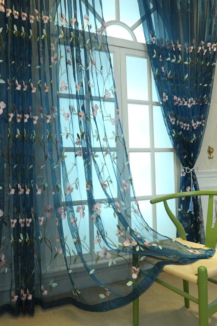 HooHero Blue Naturl Fresh Elily Floral Embroidered 52 Wide Sheer Curtains Kids Childern Room Decor Voile Liner Curtain