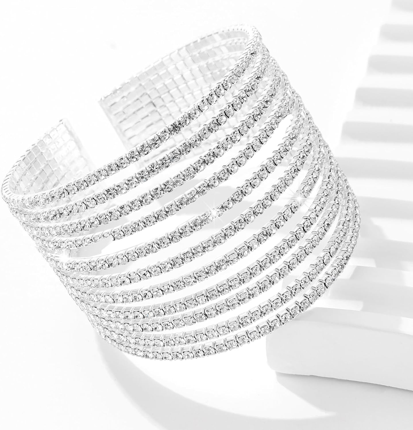 Jojomina Rhinestone Bracelet for Women Silver 11 Layers Cuff Bracelet Crystal Braidal Wedding Bracelets - Image 7