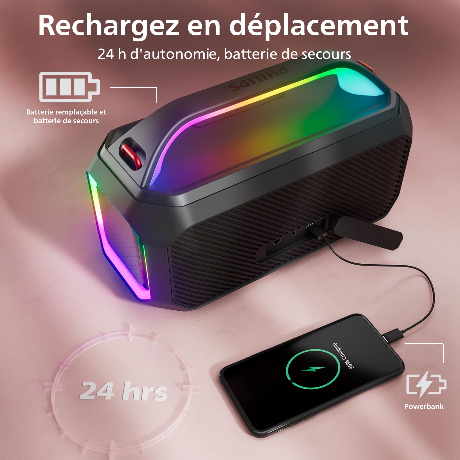 PHILIPS TAS7000EB Enceinte sans Fil Bluetooth avec Puissance maximale de 100W, Bass+, éclairage LED, Auracast, IP67, 24 Heures d’autonomie, entrée Micro, Batterie remplaçable – Noire
