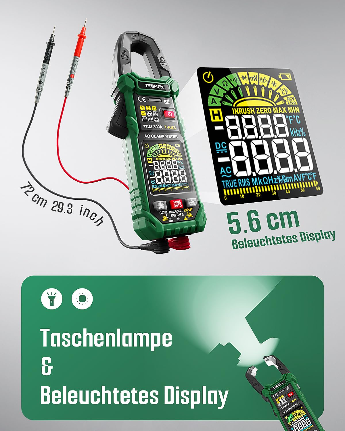 TESMEN TCM-300A Digital Clamp Meter 6000 Counts T-RMS Amperemeter Auto-Ranging Multimeter Voltmeter mit AC-Strom AC/DC Spannung NCV/Live Wire Einschaltstrom Widerstand Diode Temperatur – Grün