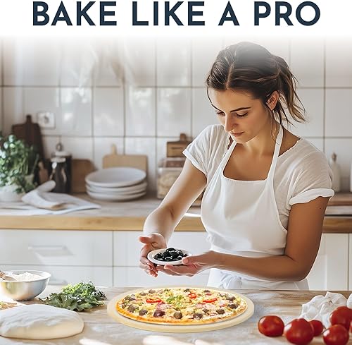 Miniatura 8 de Juego de 3 piedras redondas para pizza para horno de 15" - Viene con pala de pizza para horno y cortador - Piedras de cordierita para pan, calzone