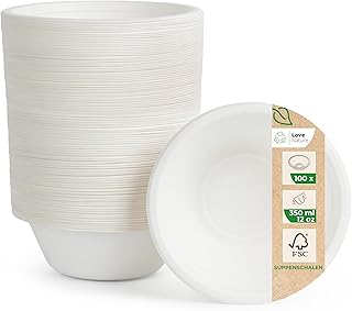 Love Nature Ecological Disposable Soup Bowls Made of Sugar Cane Cutlets - (350 ml - 100 Pieces) Soup Bowl with Long-Lasting Heat Retention - Durable Soup Plates Disposable - Disposable Bowls