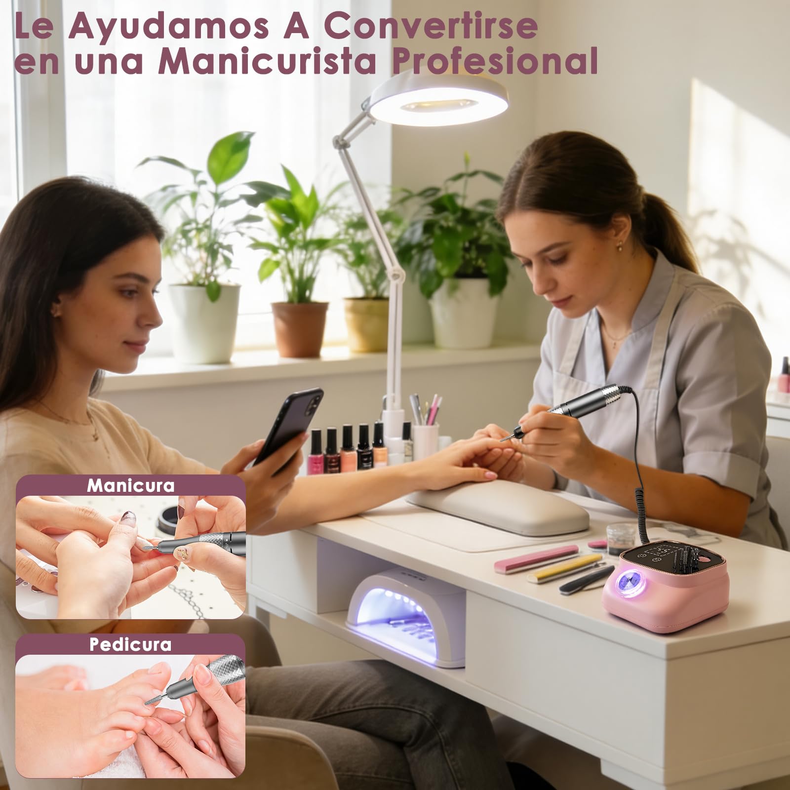 Dreamhigh® Torno para Uñas Profesional 45 000 RPM, Lima Eléctrica Uñas, Fresa para Uñas, Kit de Lima de Uñas Portátil, Manicura y Pedicura, Taladro Eléctrico para Retirar Gel/Esmalte, Rosa