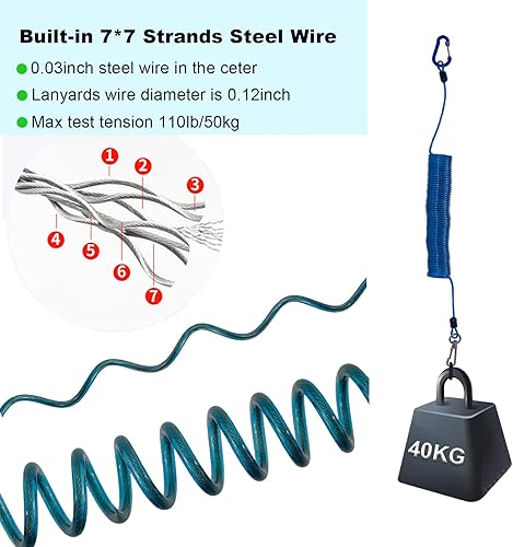 Miniatura 3 de Fishing Lanyard, Heavy Duty Coiled Lanyards Stainless Steel Wire Inside, Safety Rope Extension Cord Tether Retractable Fishing Accessories for Rods