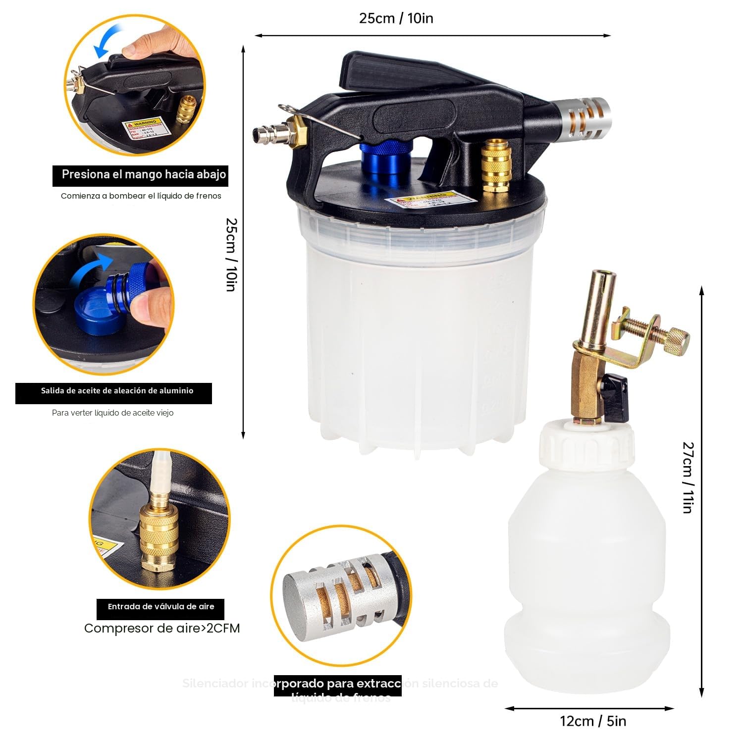 Purgador de Frenos al Vacío 2L Herramienta Neumática de Purga de Líquido de Frenos y Embrague,Extractor de Lquido de Frenos con Botella de Recarga de 1L y Adaptadores