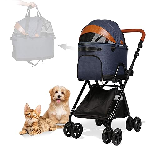 LUCKYERMORE Cochecito plegable de lujo para mascotas desmontable 2 en 1, bolsa de transporte para mascotas, asiento de coche, cochecito para perros