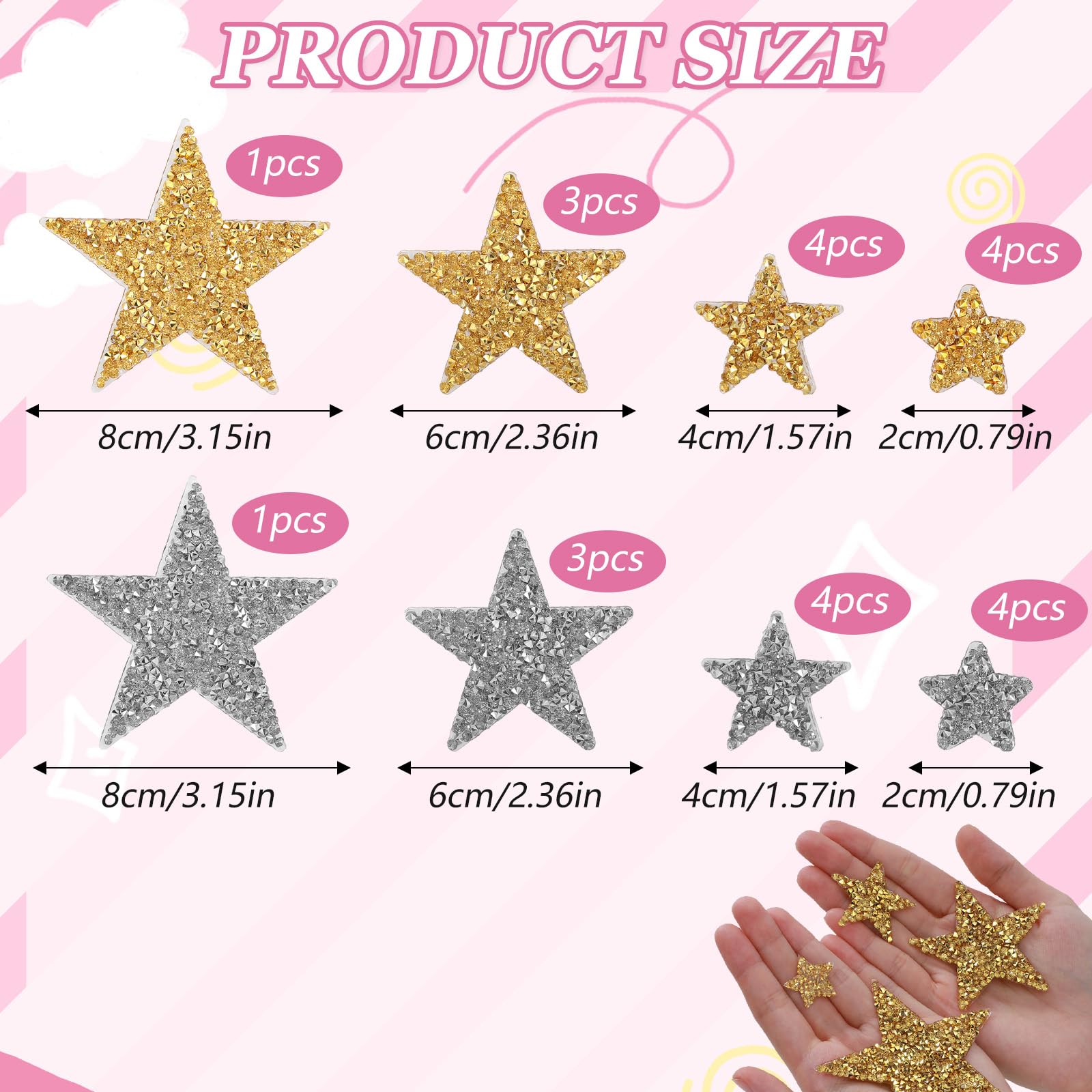 VZXQX 16 Piezas Parches Ropa Termoadhesivos Estrellas, Dorado Estrellas para Planchar con Strass para Ropa, Parches de Tela Adhesivos para Camisetas, Jeans, Sombreros, Bolsas (2/4/6cm