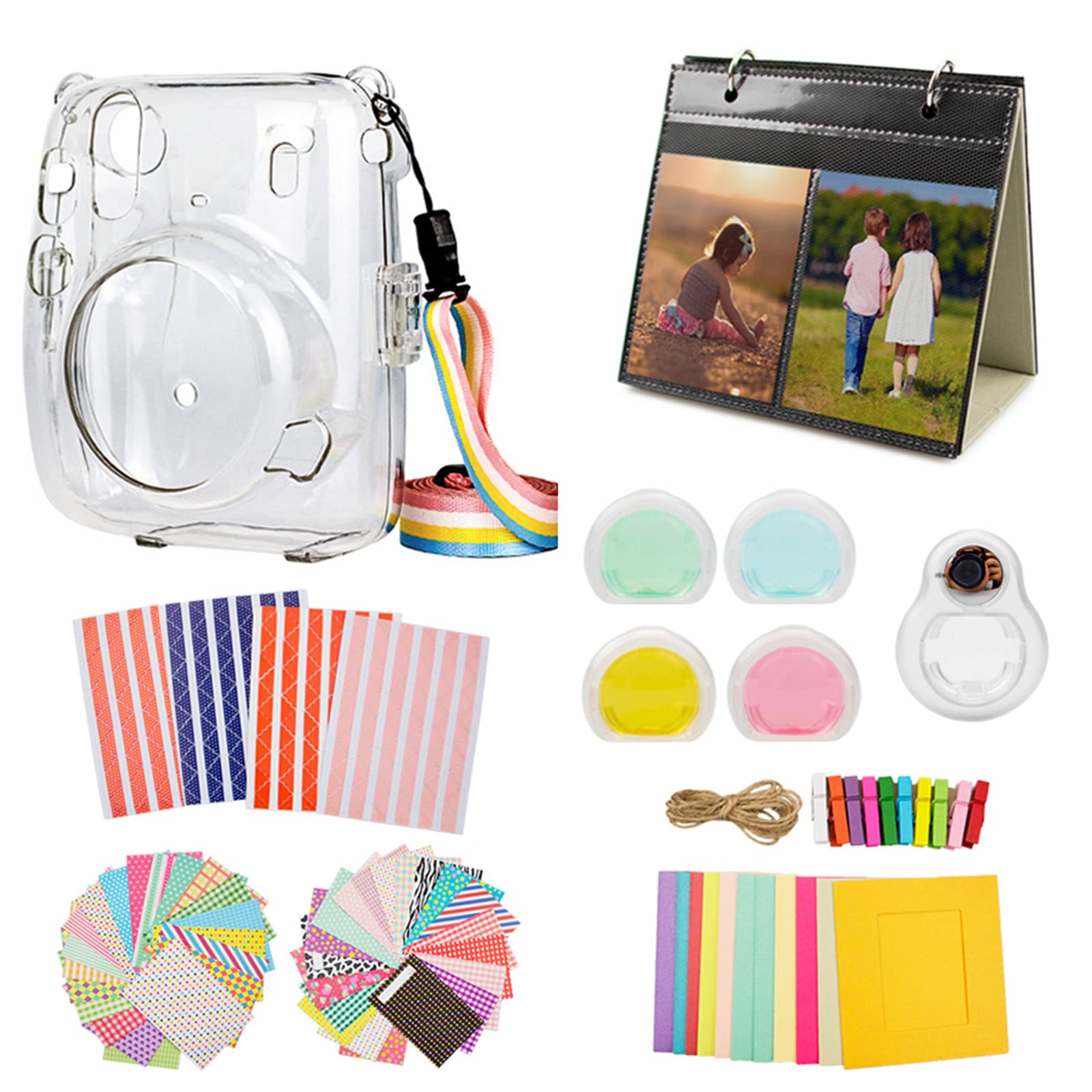 MUZIRI KINOKOO mini 11 Accessories Bundle for Fujifilm Instax mini 11 Protective Case with 8 Useful Accessories Camera Bag Kit, 4 Colors Filter Lens-Transparent case+White selfie lens