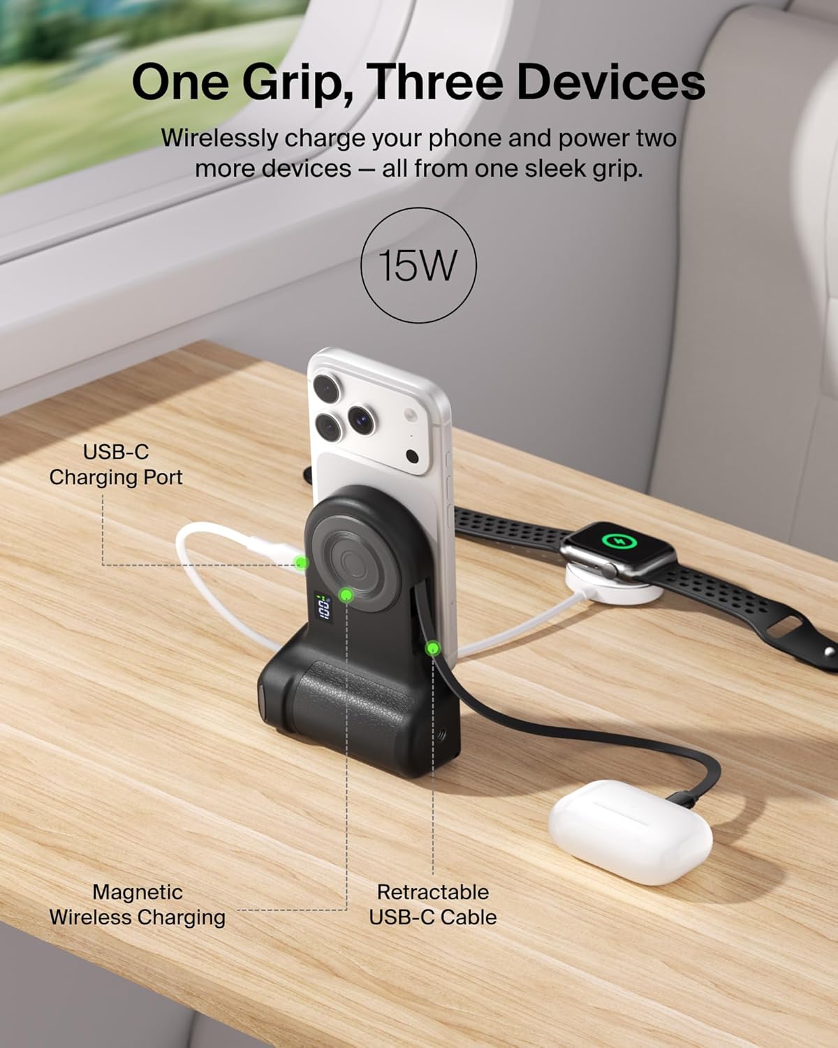 Belkin Stage Powergrip, Magnetic Wireless Charging Camera Grip 9300mAh, Power Bank w/Retractable USB C Cable, Bluetooth, Tripod Attachment, LCD Screen, Portable Charger for iPhone, Google Pixel, etc.