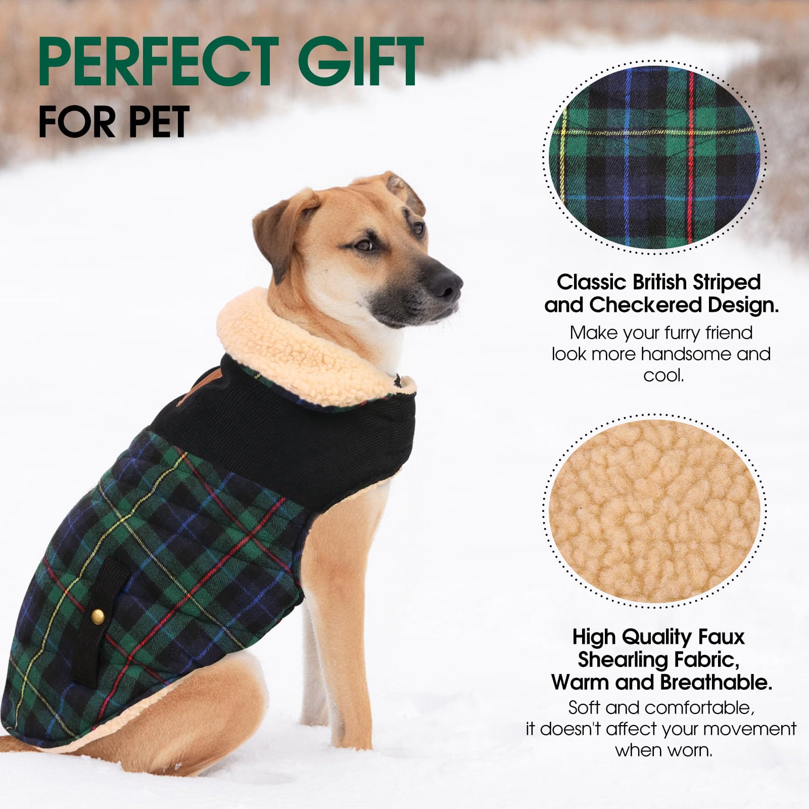 CITÉTOILE Cappotto Invernale per Cani - Giubbotto Termico con Pile, Gilet Antivento per Taglie Piccole/Medie/Grandi, Cappotto Classico a Quadri con Foro per Imbracatura, verde L