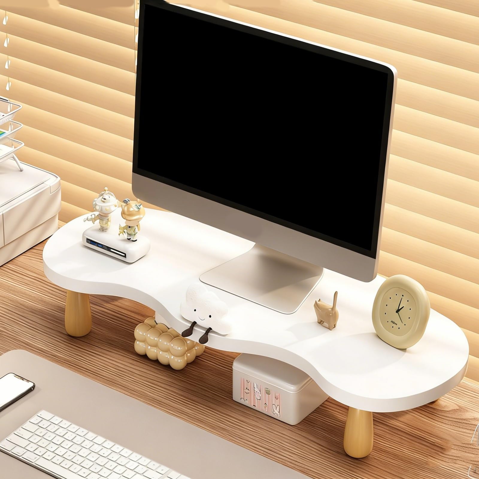 Rialzo Drewniany stojak na monitor, do domu i biura, oszczędność miejsca, 59.9 cm, podstawka pod monitor z gumowymi nogami, brązowy design dla lepszej omiki