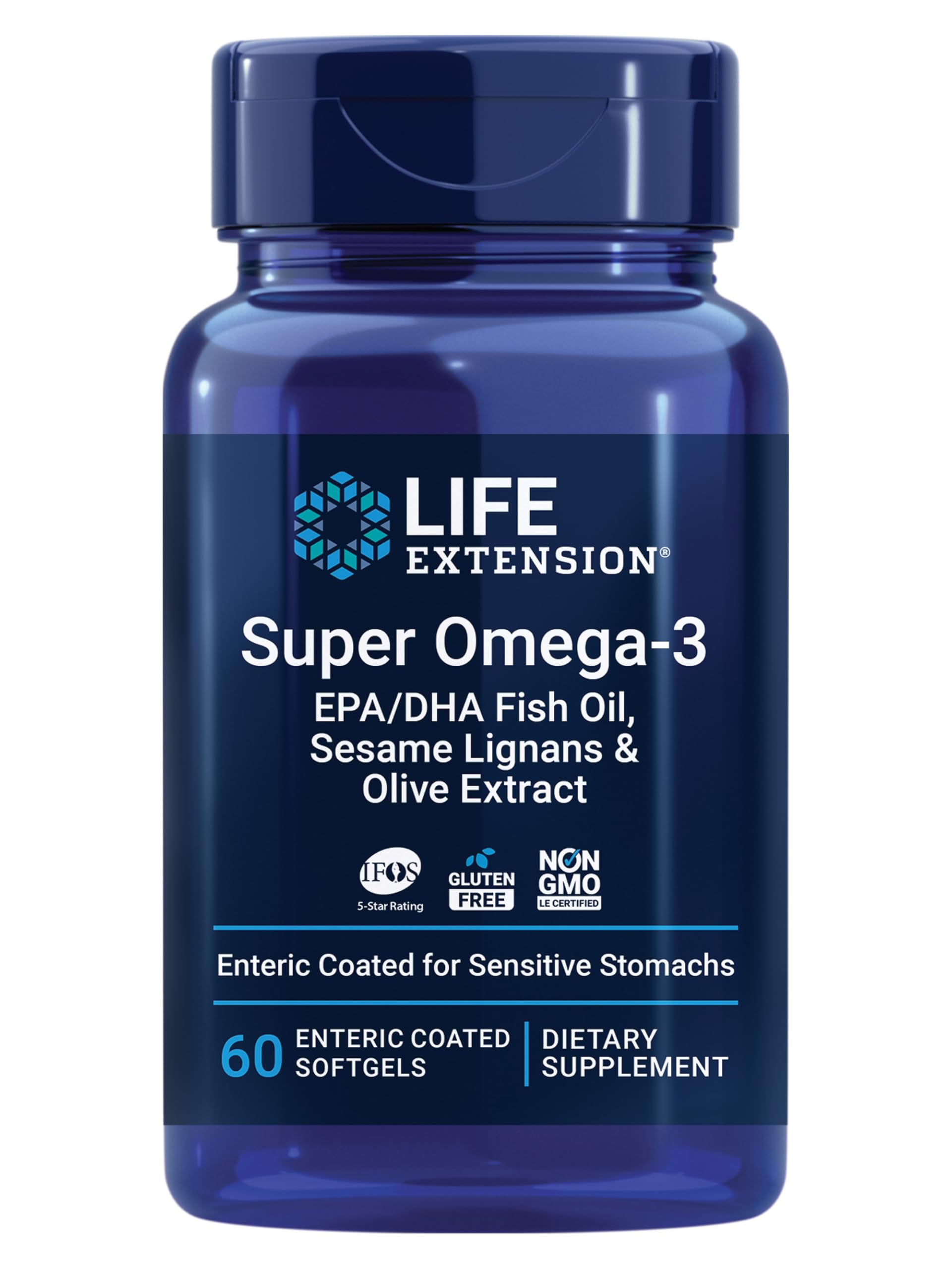 Super Omega-3 EPA/DHA Fish Oil, Sesame Lignans & Olive Extract – Heart Health, Brain Health, Inflammation Health Support, Gluten-Free, Enteric-Coated, Non-GMO, 60 Softgels