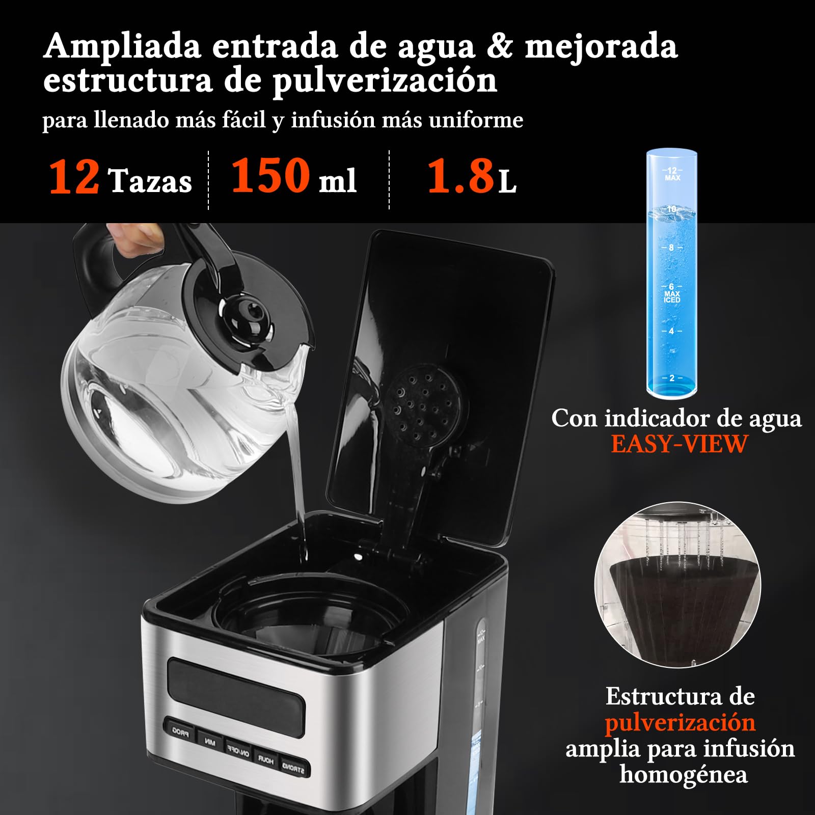 Taylor Swoden Cafetera Goteo 12 Tazas(1.8L) - Programable 24H con LED, 3 Niveles + Modo Café Helado, Jarra Borosilicato, 40 Min Mantener caliente+Autoapagado, Autolimpieza, Antigoteo, Inoxidable, 900W