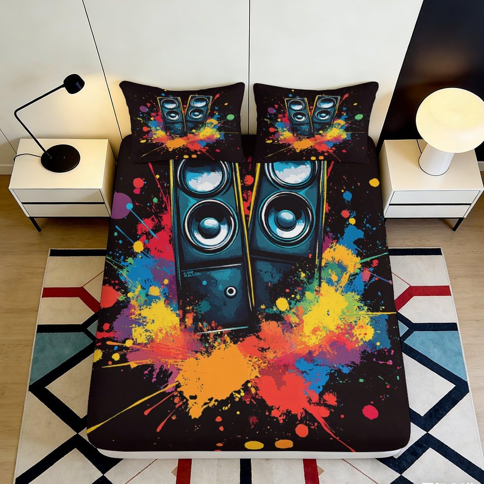 3D Printed Colorful Speaker Splash Fitted Sheet Microfiber Soft Breathable Abstract Art Bed Cover for Bedroom Dormitory Guest Room Mattress Protection 140x200x25cm