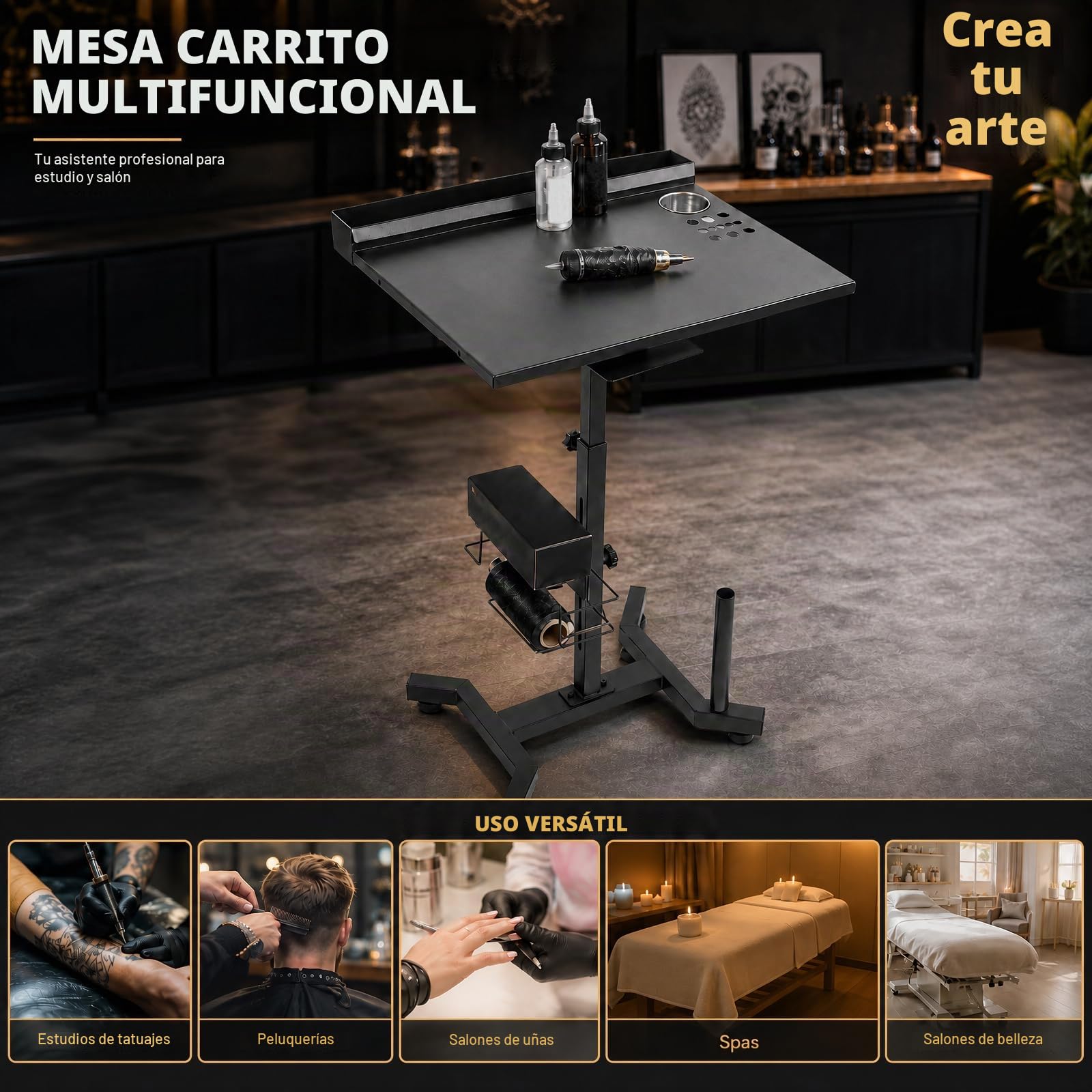 Estación de trabajo de tatuajes, bandeja de salón con ruedas con altura ajustable y almacenamiento multifuncional, ruedas de hierro para salones de peluquería, estudios de tatuaje, salones de