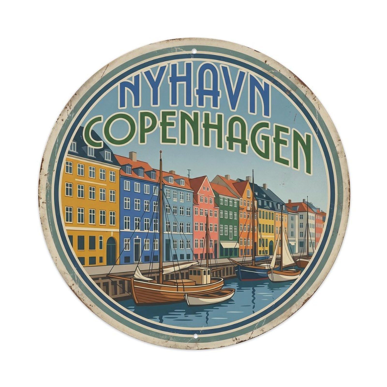 Cmhok Vintage Style-2 Vintage Travel Nyhavn Denmark Artwork Metal Tin Sign Plaque Wall Decor For Cafe, Club, Garden Round Metal Poster 8X8inch