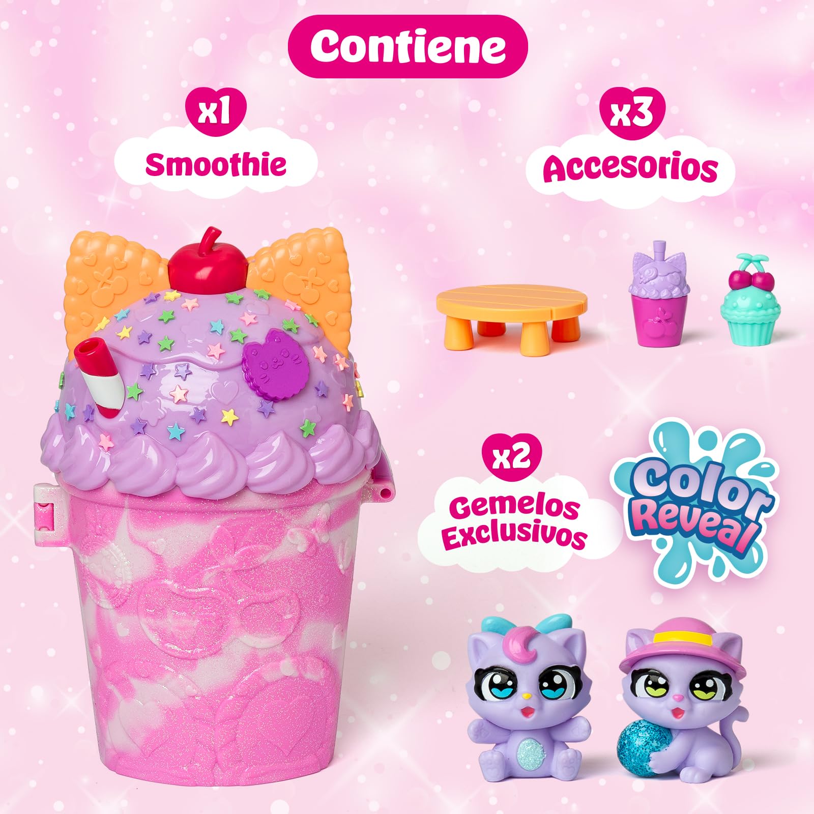 Cherry Pets – Smoothie Fun Park Kitten Twins. Casita con Parque de Atracciones en Forma de Smoothie: Incluye 1 Smoothie, 2 Figuras exclusivas “Color Reveal” y 3 Accesorios - 3
