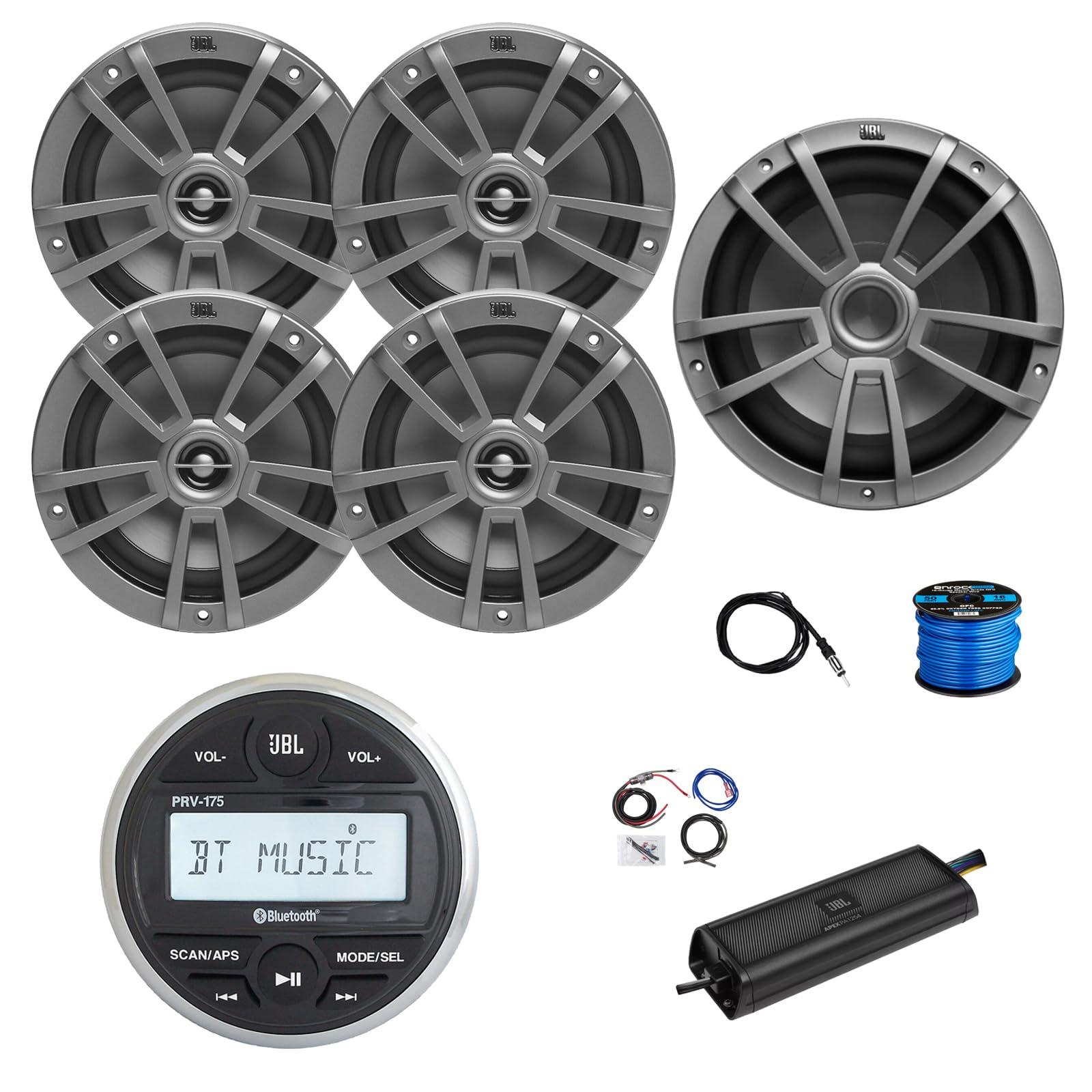 Marine Gauge Style Bluetooth AM/FM Receiver, 4X 6.5 180 Watt 2-Way Multi-Element Audio Speakers (Gray), Wire, Antenna, 10