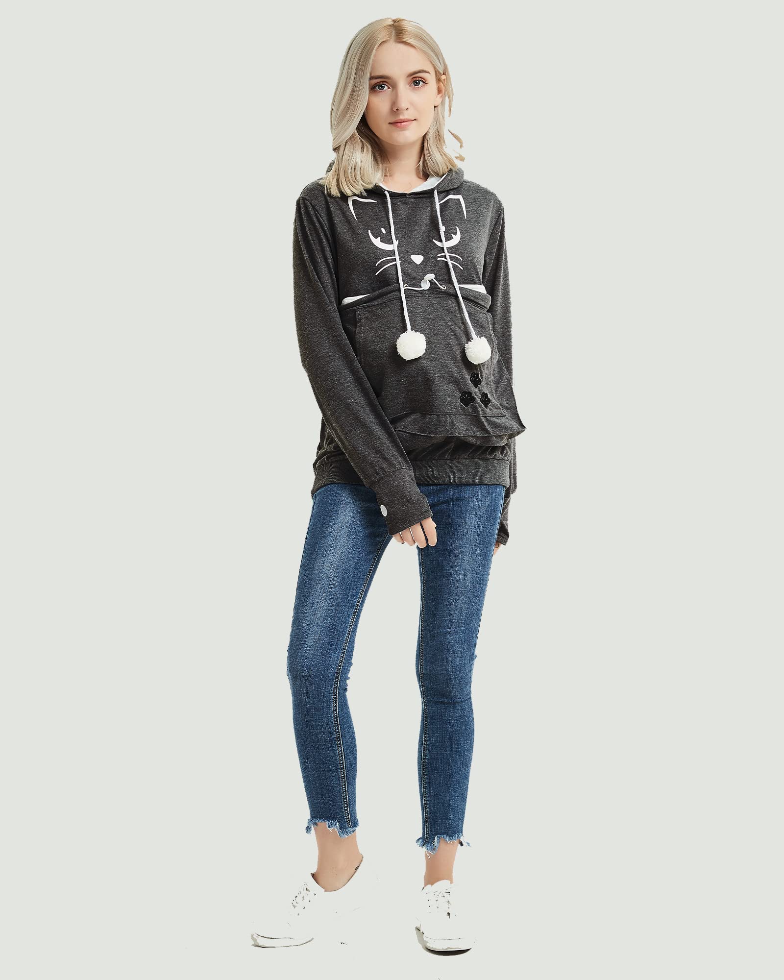 Femme Sweat à Capuche avec Poche pour Chat - Super Confortable Casual Sweatshirt Hoodie Manches Longues Lâche Pull à Capuche pour Automne Hiver Tops