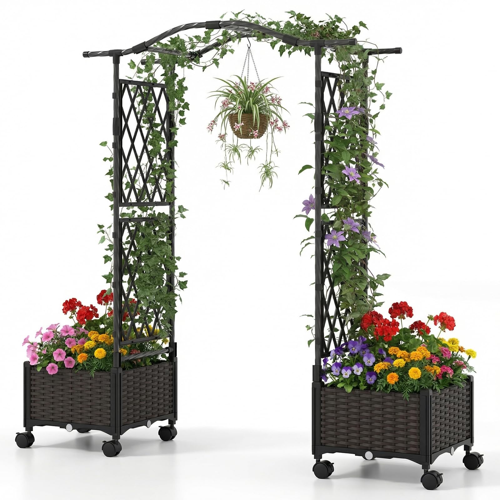 RELAX4LIFE Arco Jardín con 2 Macetas, Sistema Auto-Riego y Ruedas, Jardineras Exterior Grandes con Arco Superior para Plantas Trepadoras, Flores y Hierbas, Huerto Urbano Terraza con Enrejado (Marrón)