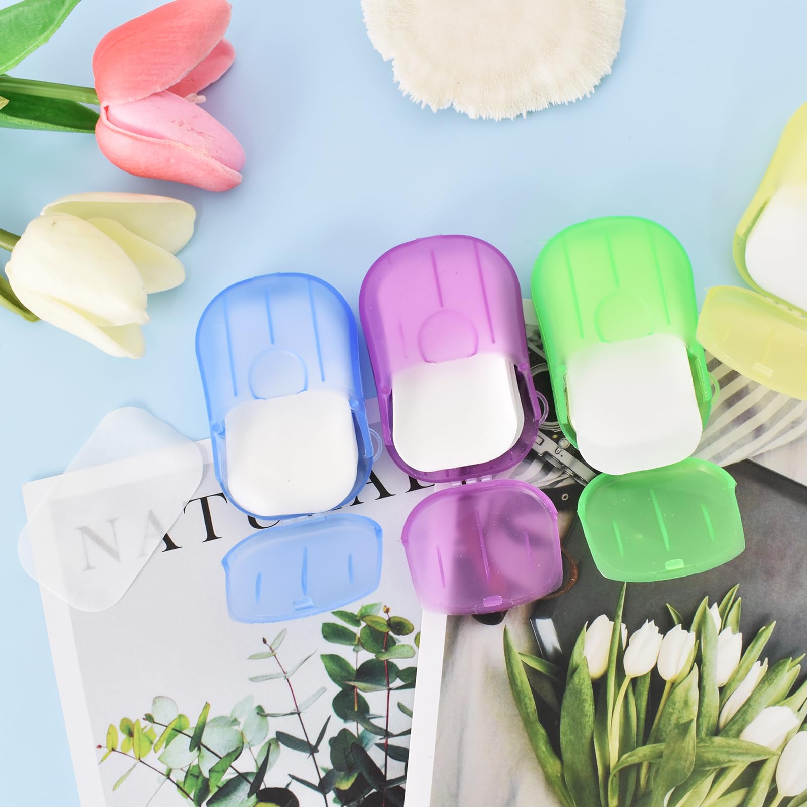 Feuille de Savon 4 Boîtes Portable Savon de Papier avec Boîte en Plastique pour Voyage Camping