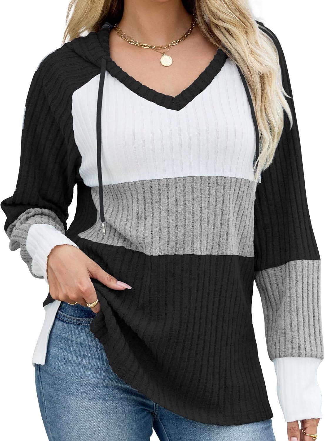 Hoodie Damen Pullover Kapuzenpullover Langarm Shirt Frauen Oberteile V-Ausschnitt Sweatshirt Farbblock Bluse Mit Kapuze Für Winter Frühling