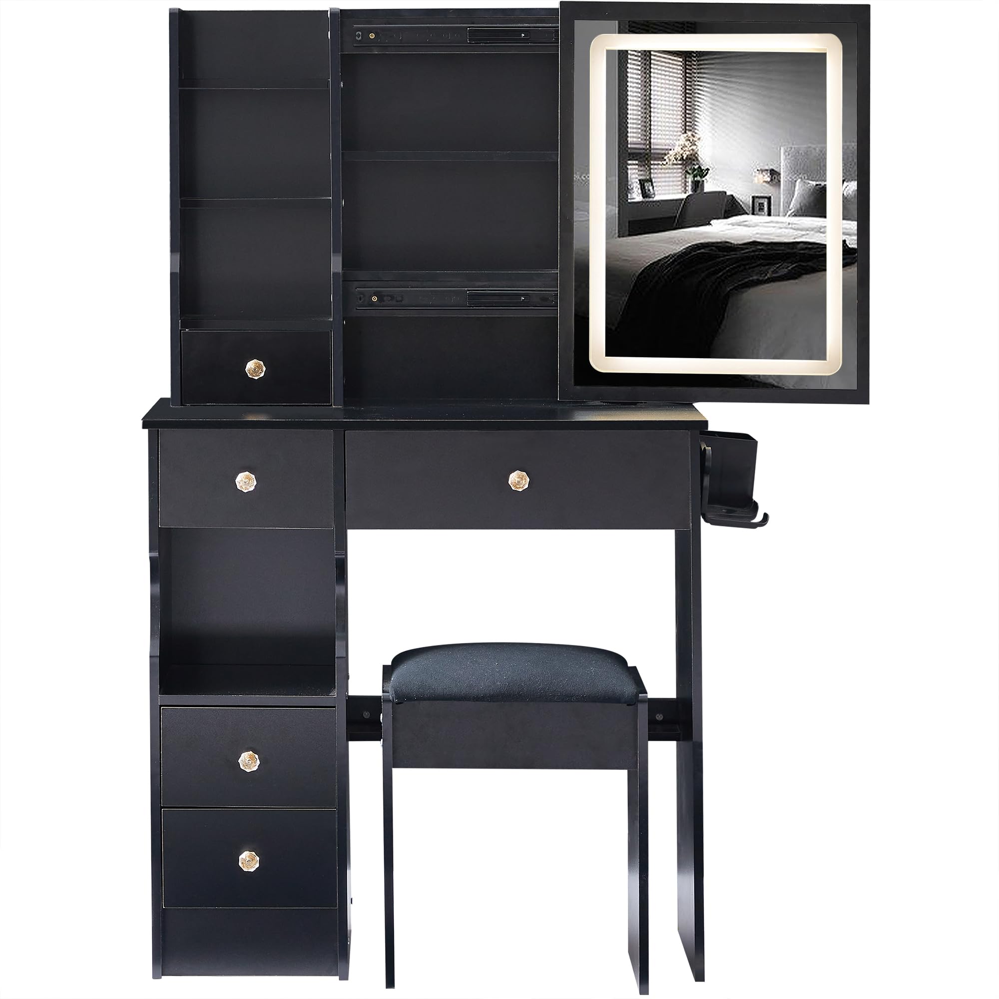 aphrophina Optimize Small Spaces with Compact Vanity Table Set, 2 AC + 2 USB Charging Ports, LED Mirror, Black