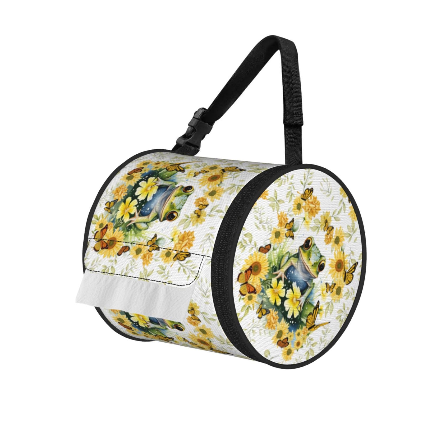 Frog Flower Print Round Tissue Dispenser Bag With Carry Strap, Portable Roll Holder For Car Travel Home