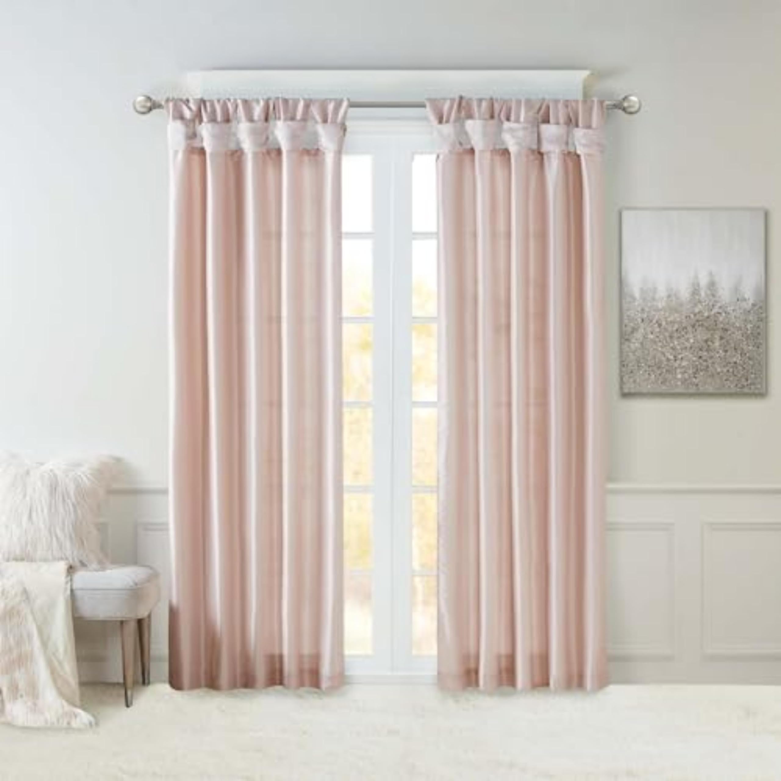 Madison Park Emilia Faux Silk Single Curtain with Privacy Lining, DIY Twist Tab Top, Room Darkening Window Drape for Living Room, Bedroom and Dorm, 84" L x 50" W, Blush