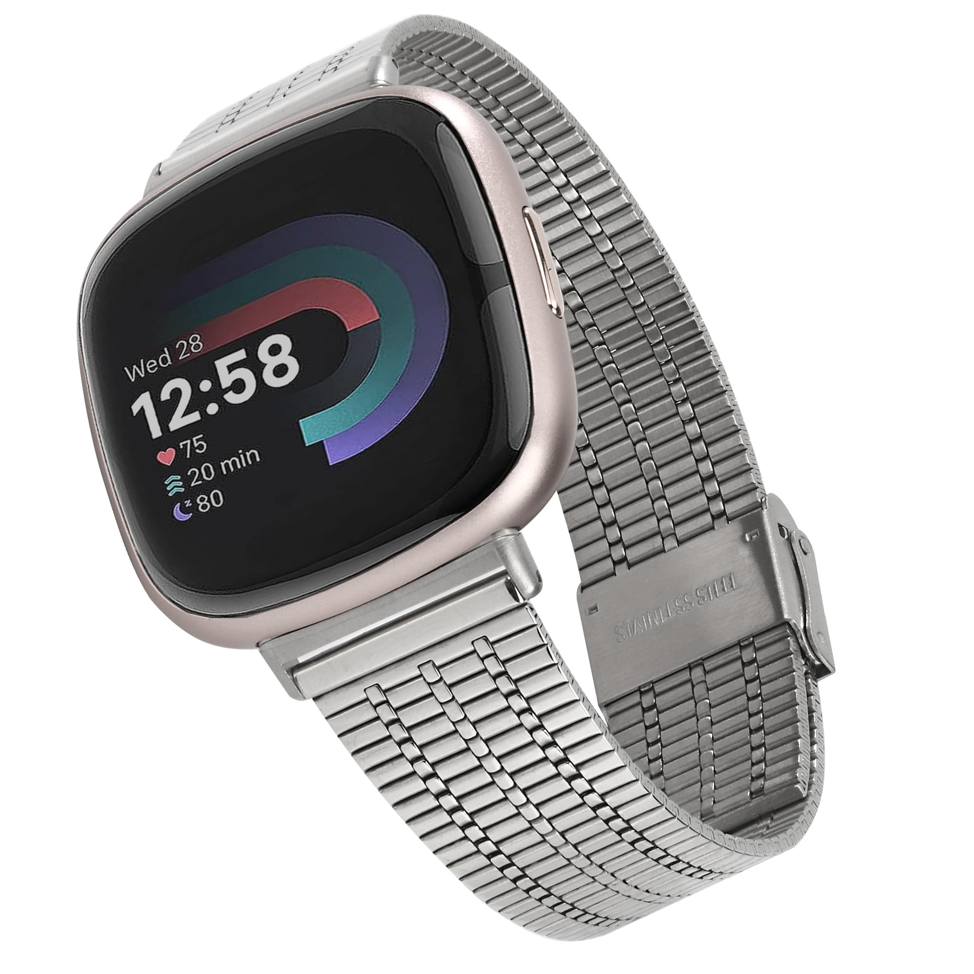 Wongeto Metal Watch Straps Compatible with Fitbit Versa 3 Straps/Fitbit Versa 4 Strap/Fitbit Sense 2 Strap/Fitbit Sense Strap for Women Men,Mesh Woven,316L Stainless Steel Strap (Sliver)