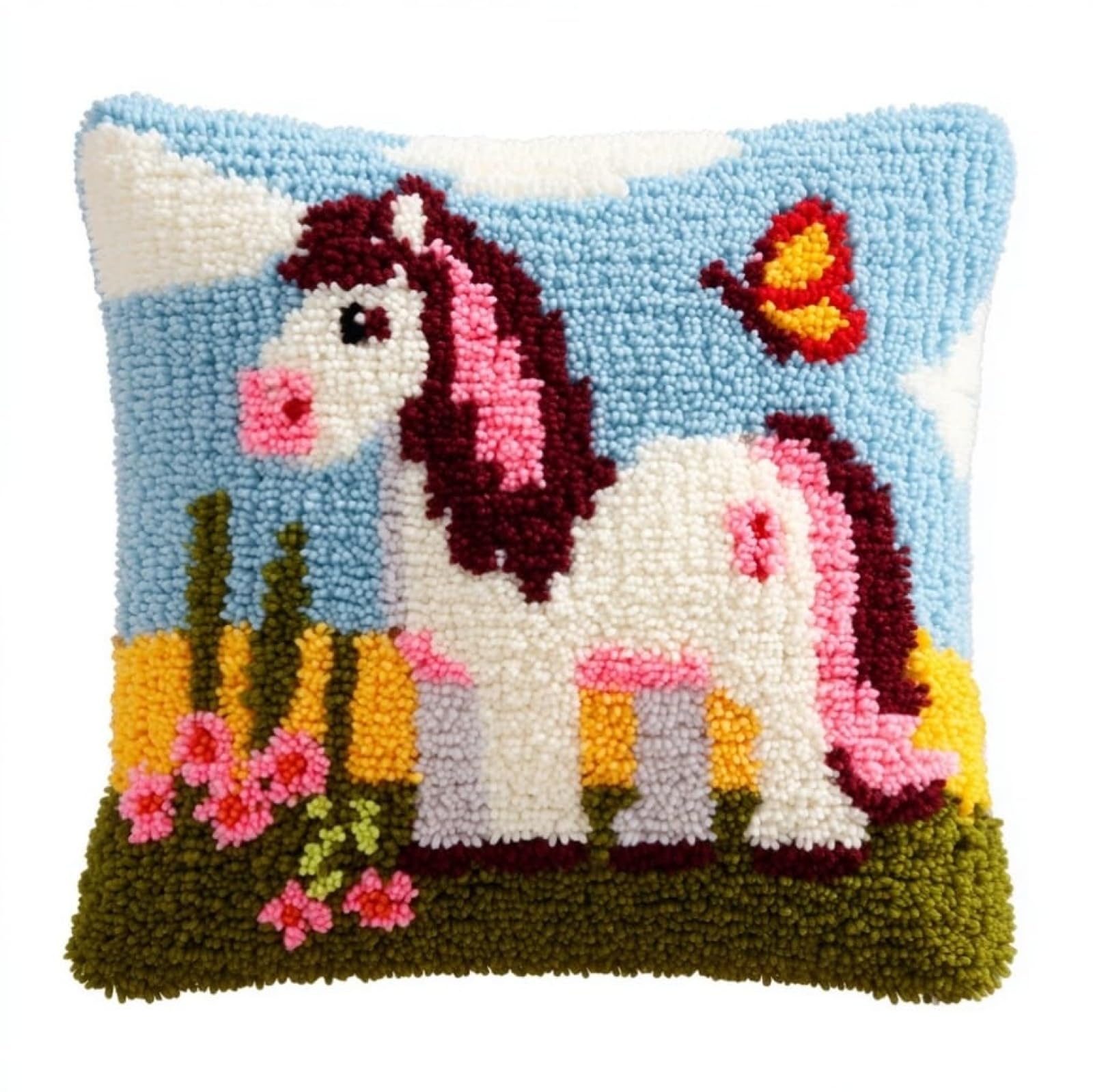 AxiangziK Latch Hook Needlecraft Pillow Kit,Horse and Butterfly 43x43cm DIY Cushion Making Kit for Adults Beginners,Pre-Cut Yarn Cushion Kit with Full Accessories for Home Sofa Gift