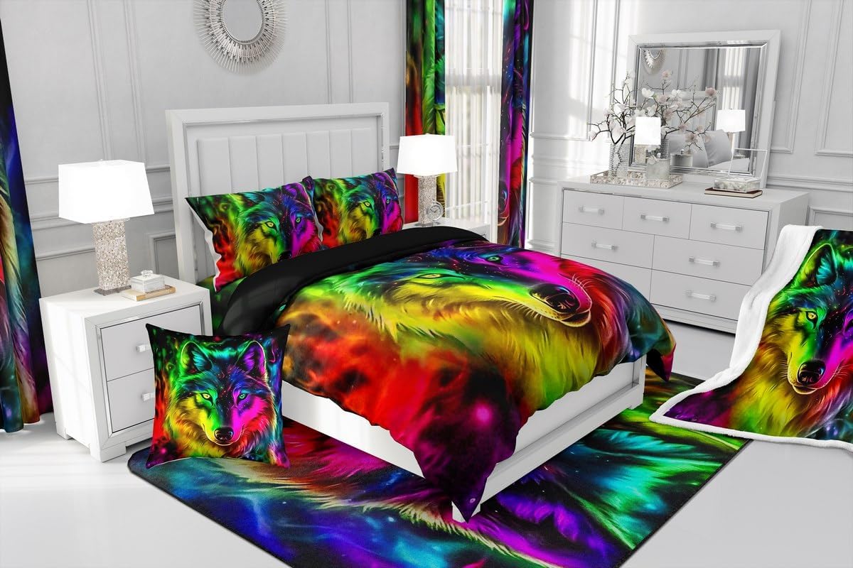 Wolf Flannel Fleece Throw Blanket Kids,Wolves Howling Fuzzy Blanket For Bed Sofa Couch,Animal Wolves Hippie Graffiti Style All Season Bed Blanket Breathable Plush Blanket Room Decor Twin 60"x80"