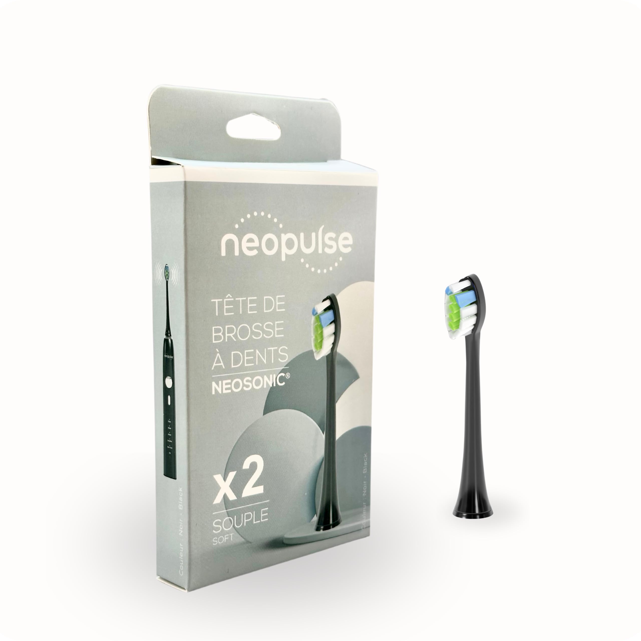 NEOPULSE®, Pack of 2 Black Nylon Soft Brush Head Refills for NEOSONIC® Sonic Electric Toothbrush, NEOKIDS® Compatible - Image 2