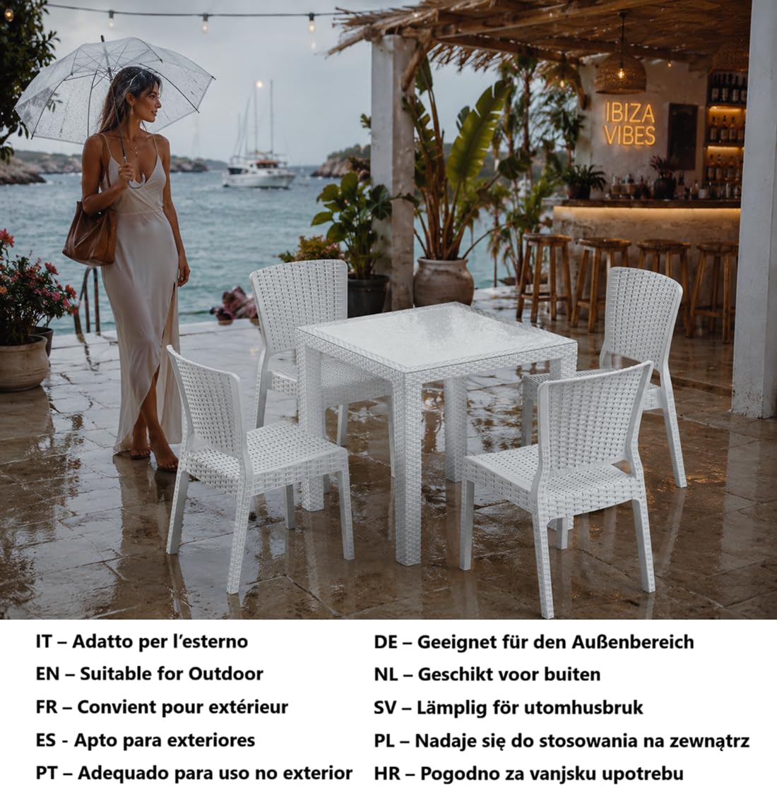 Antares - Juego de mesa + 4 sillas blancas de exterior para jardín, bar, restaurante