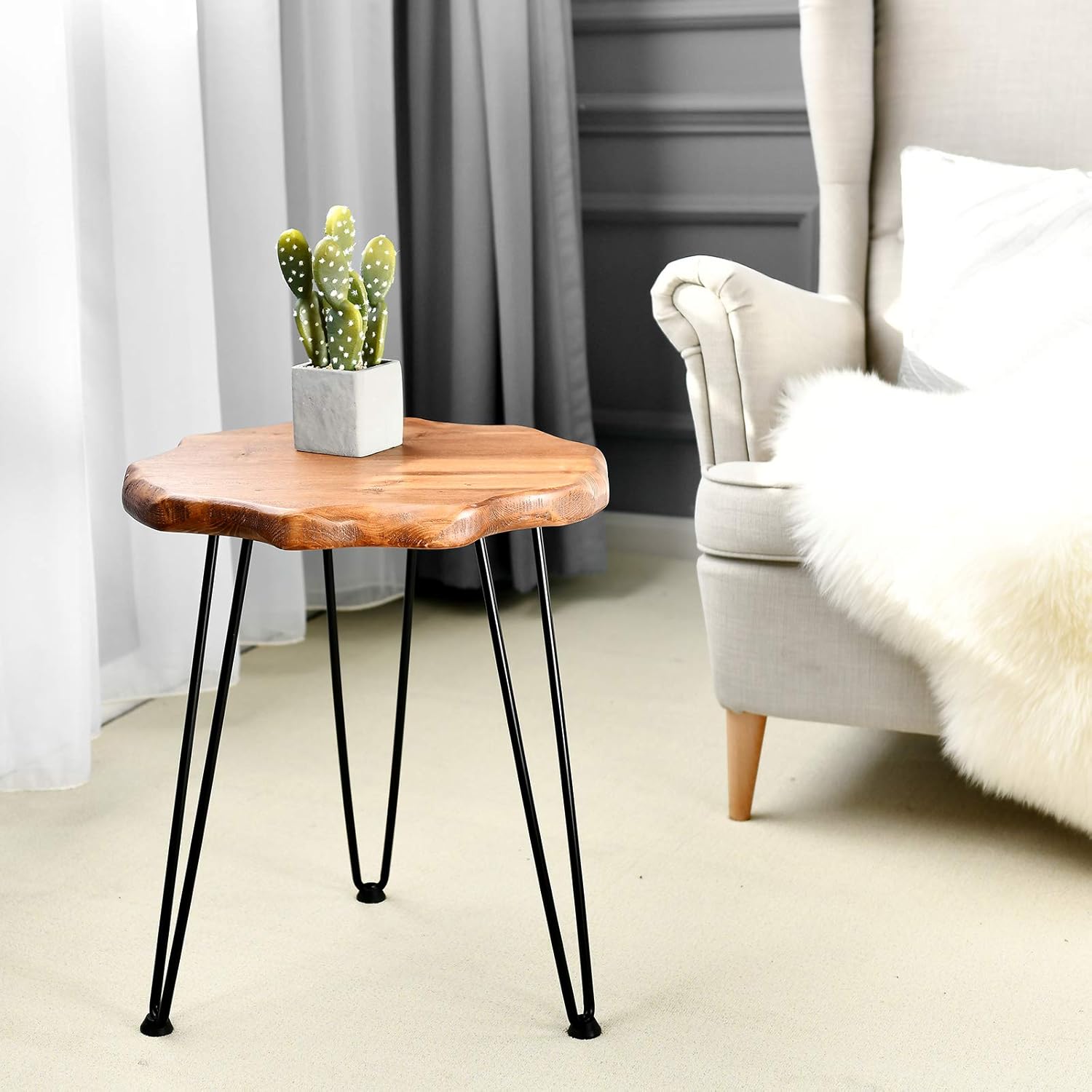 WELLAND Natural Edge Side Table with Hairpin Legs for Living Room Sofa, Bedroom, End Table for Farmhouse Decor, Pine Wood Tabletop, Easy Assebmly